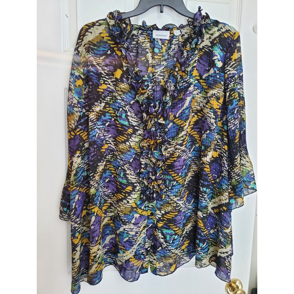 Multicolor Abstract Ruffle Blouse V-Neck Sheer Pleated Casual Lightweight 30/32
